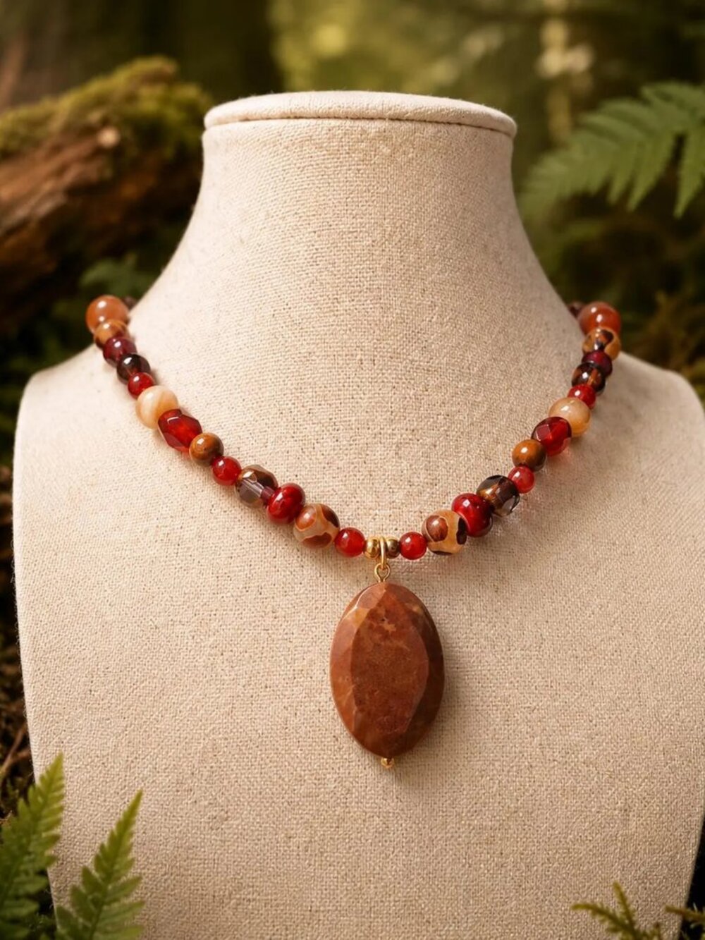 Brown Jasper & Red Jade Beaded Pendant Necklace - 24k Gold Plated Stainless